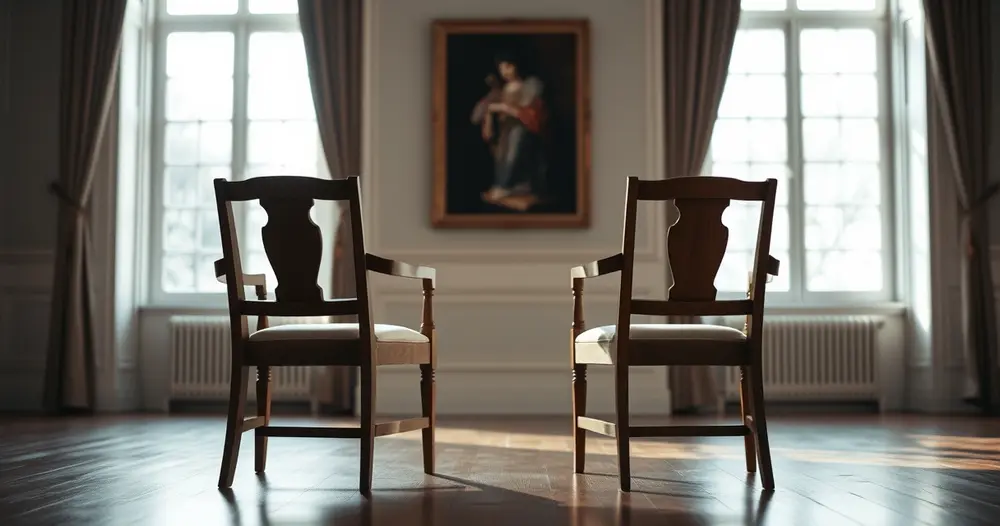 Duas cadeiras de madeira frente a frente em sala formal com luz de janela