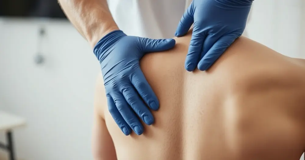 Mãos de fisioterapeuta com luvas azuis tratando a região das costas de paciente
