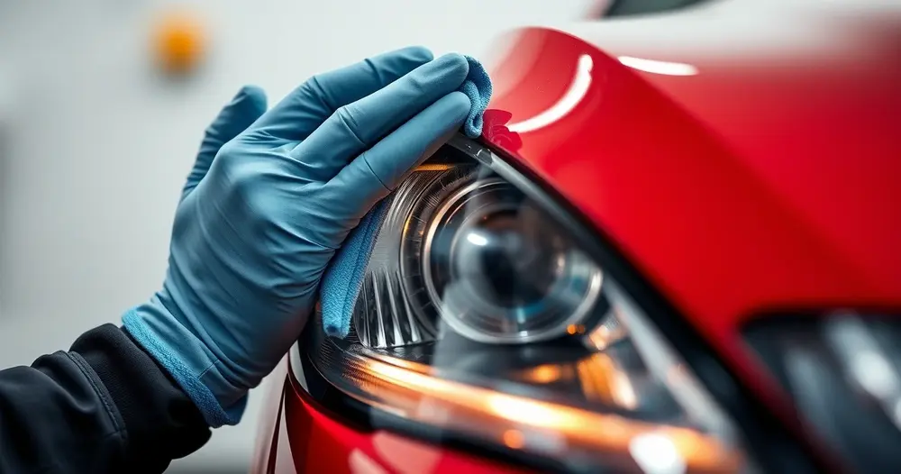 Mãos com luvas azuis limpando o farol de um carro vermelho em oficina