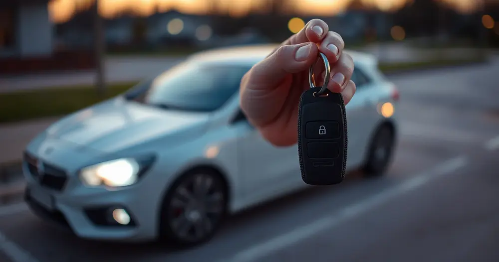 Mão segurando chave de carro em frente a veículo branco estacionado ao entardecer