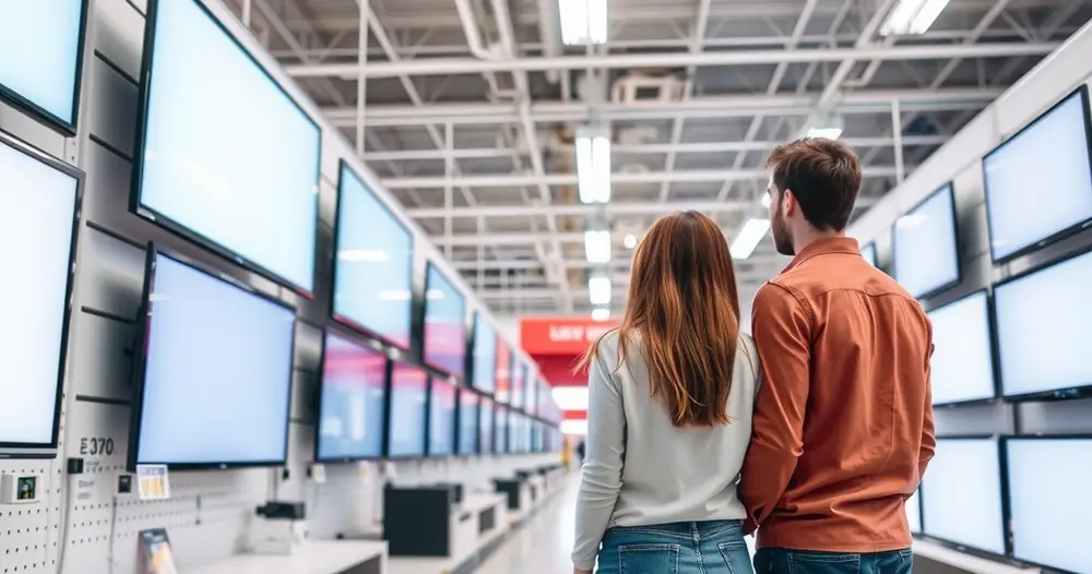 casal observando televisões em corredor de loja de eletrônicos