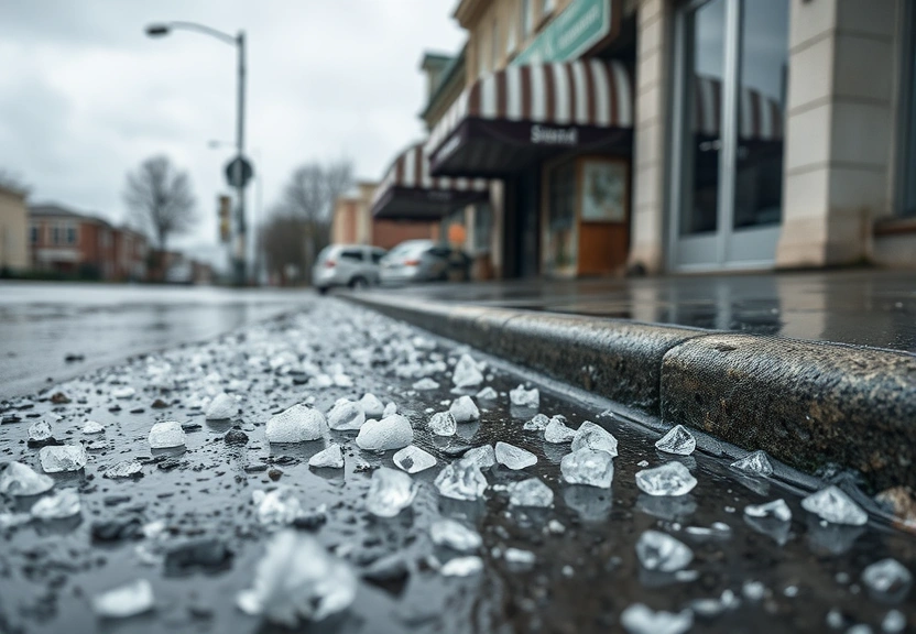 Pedras de granizo na rua molhada depois do temporal