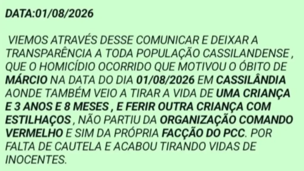 Comando Vermelho nega execução de padrasto e criança e culpa PCC